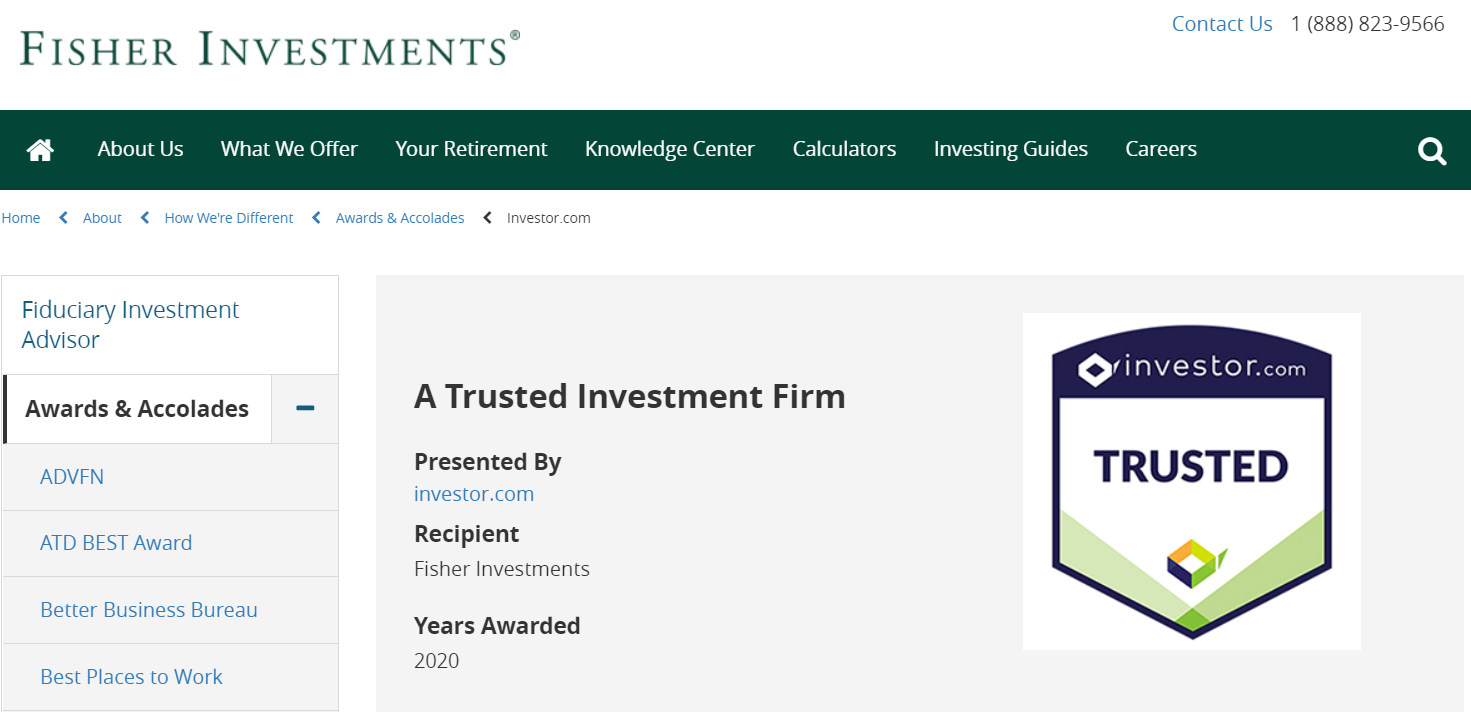 Fisher Investments award page example