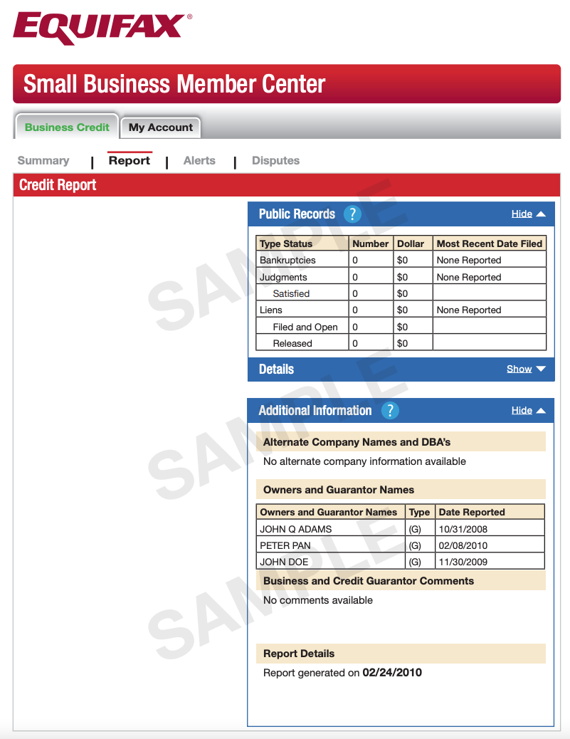 Sample Equifax Small Business Credit Report page 3