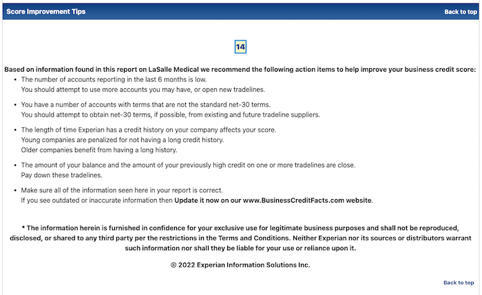 Sample Experian Business Credit Advantage report